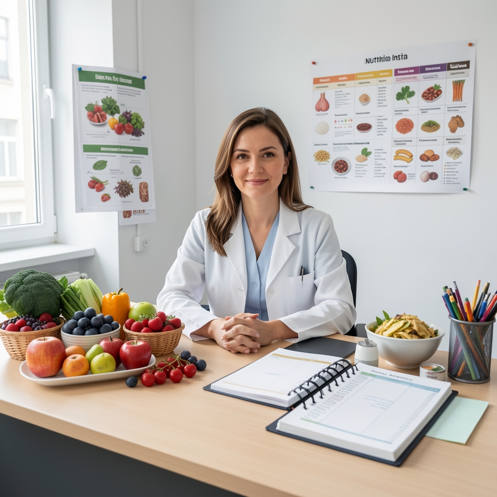 Nutritionist specialist reviewing a seasonal food chart with fresh produce samples — tomatoes, leafy greens, citrus fruits — arranged on a consultation desk