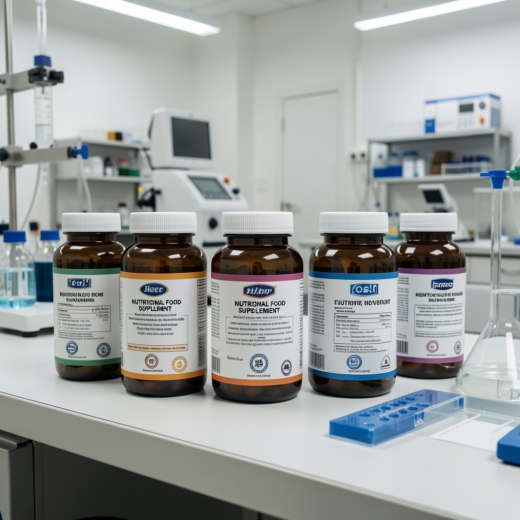 Nutritional food supplement product containers with certification labels arranged in a clean quality-control workspace with controlled lighting