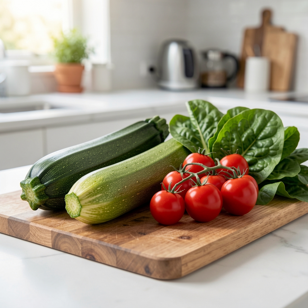 Close-up of fresh seasonal vegetables — zucchini, leafy greens, and cherry tomatoes — arranged on a wooden chopping board in a bright kitchen