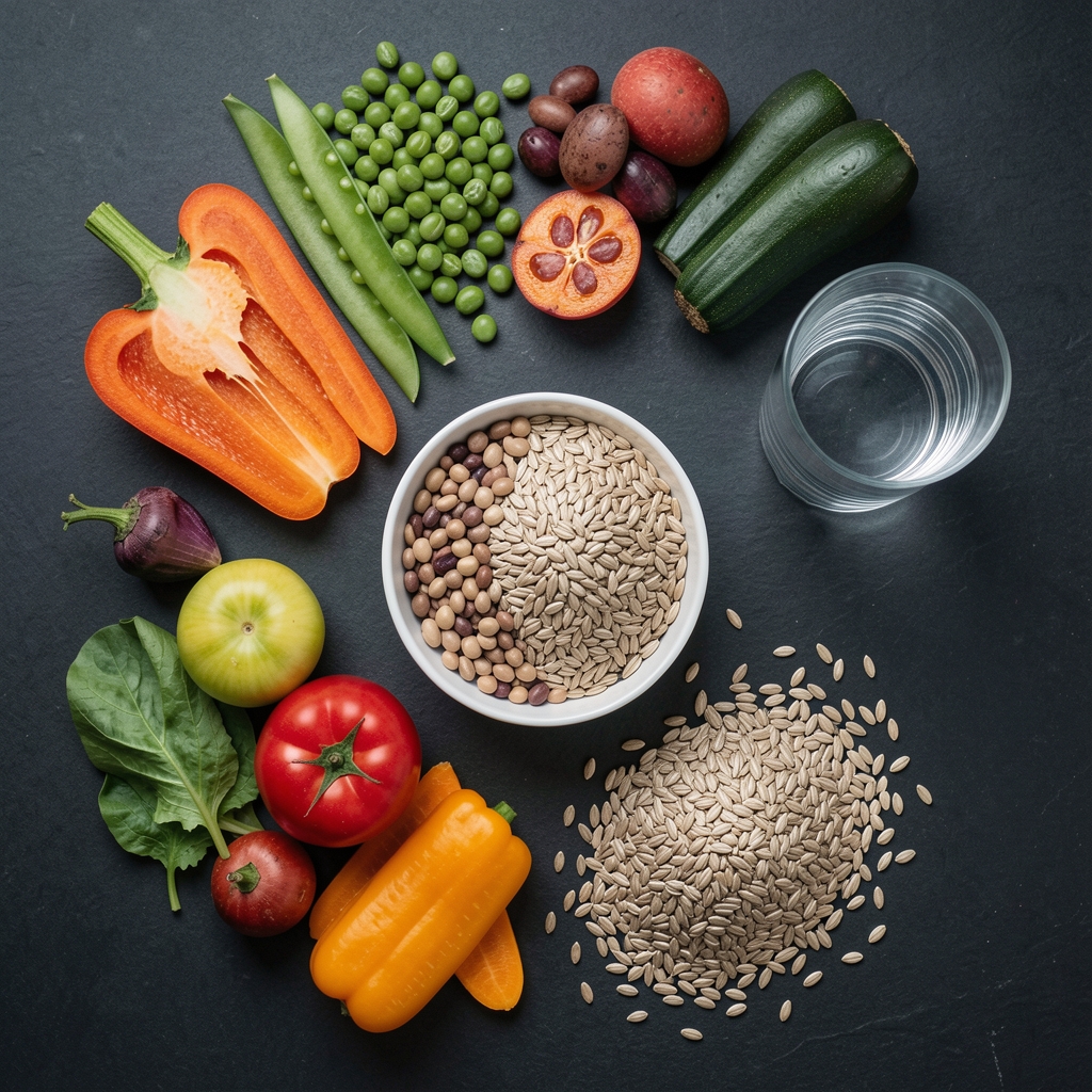 Flat lay of nutritional food items — colourful vegetables, legumes, whole grains, and a glass of water — arranged on a dark surface for a dietary planning session