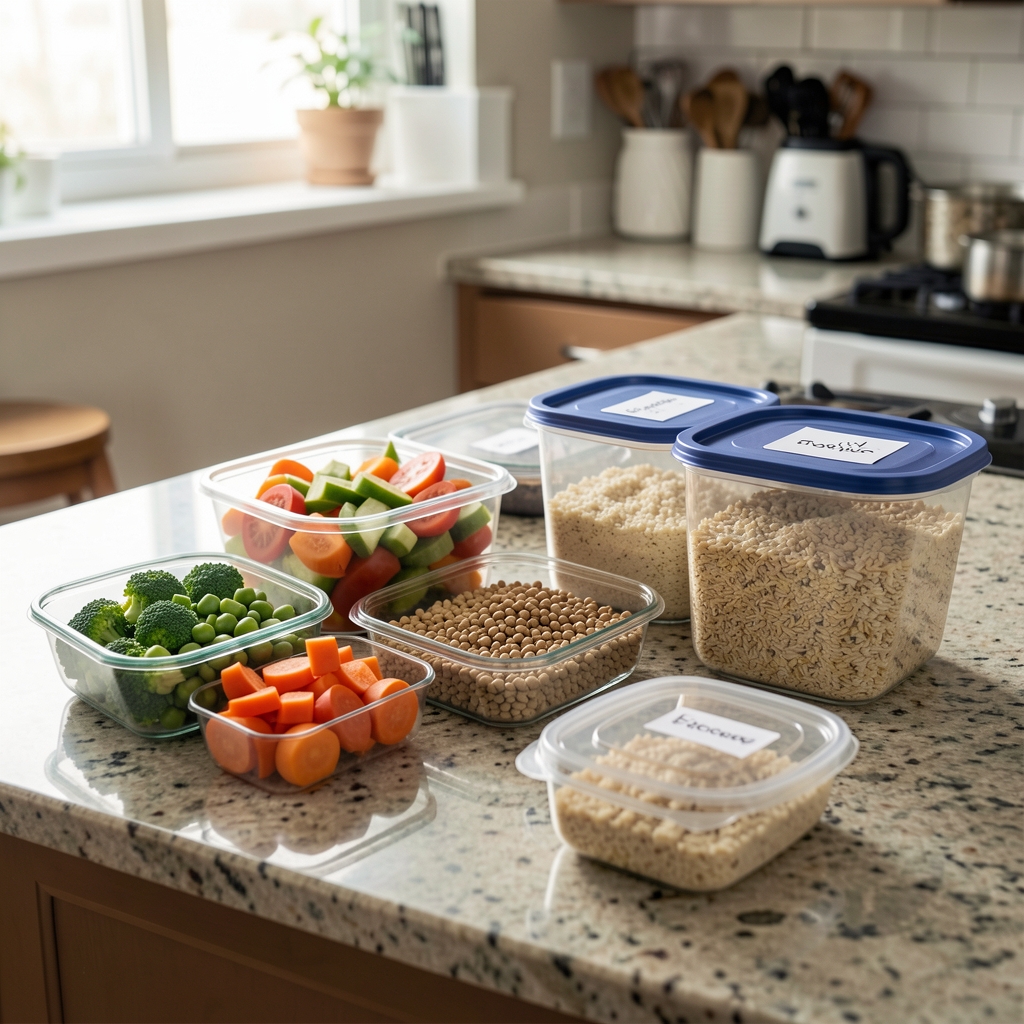 Weekly meal prep layout on a kitchen counter with portioned vegetables, cooked grains, and labelled containers for a structured dietary plan