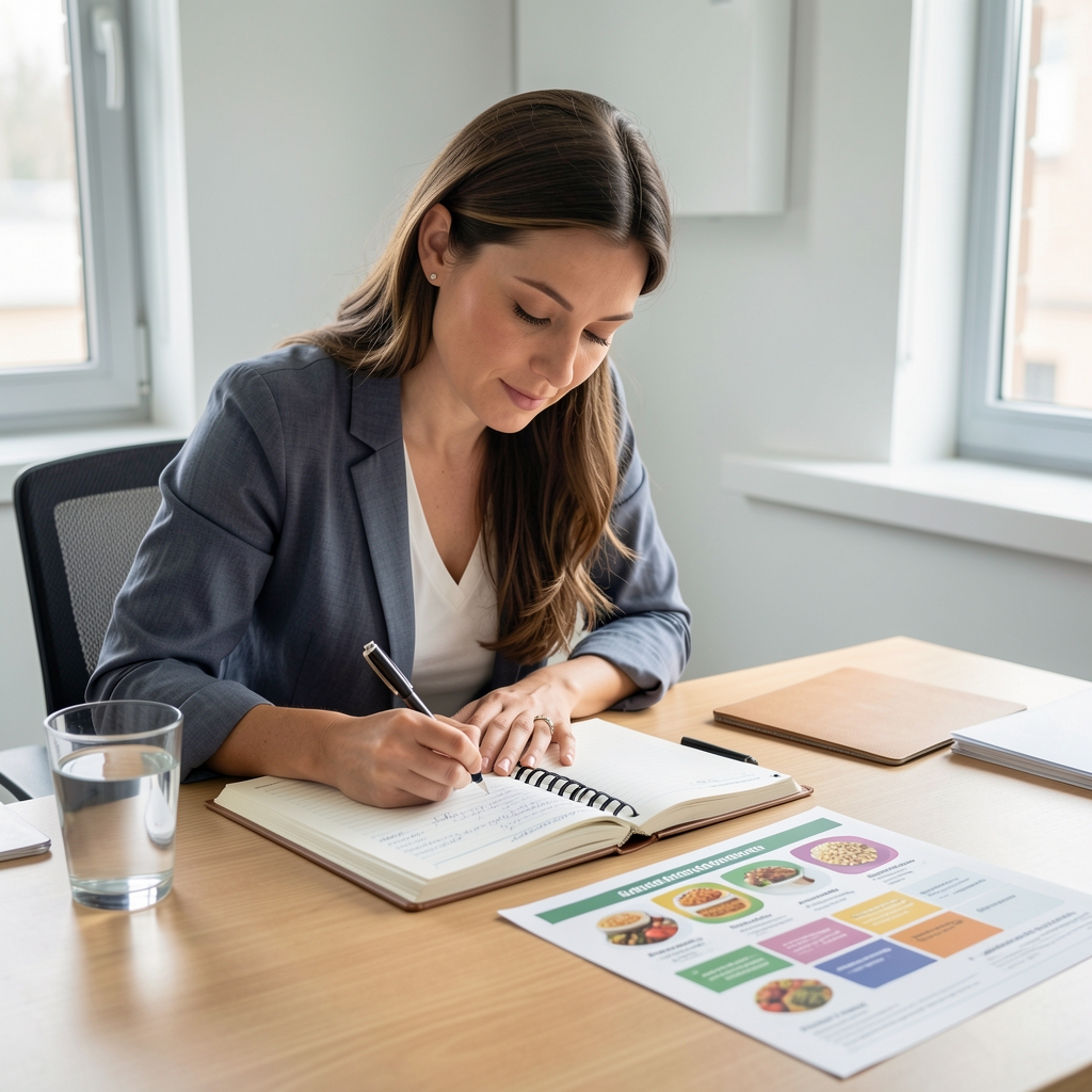 Nutritionist writing in a programme documentation logbook at a consultation desk with a glass of water and printed food group reference charts nearby
