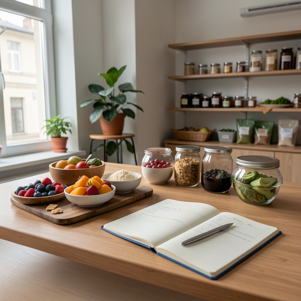 Interior of the Falenza nutrition studio in Bucharest — consultation desk with natural light, seasonal food samples, and an open dietary intake notebook